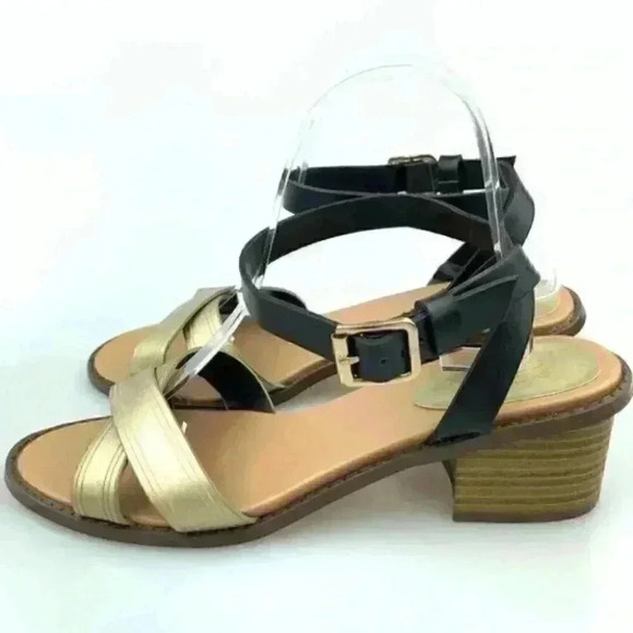 NYC Co sandals size 9 6463 gold black criss cross - Picture 3 of 8